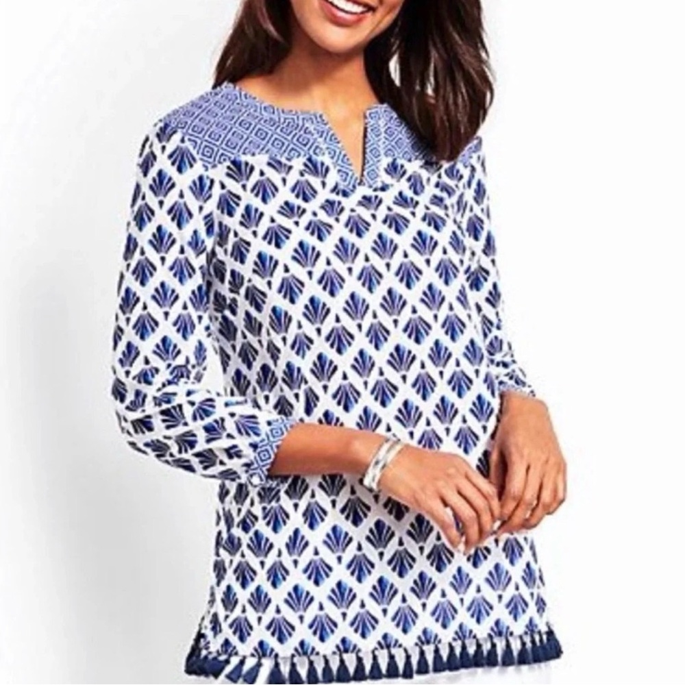 TALBOTS Women’s Blue White Geometric Lightweight Blouse GrandMillennial SZ M-Pet